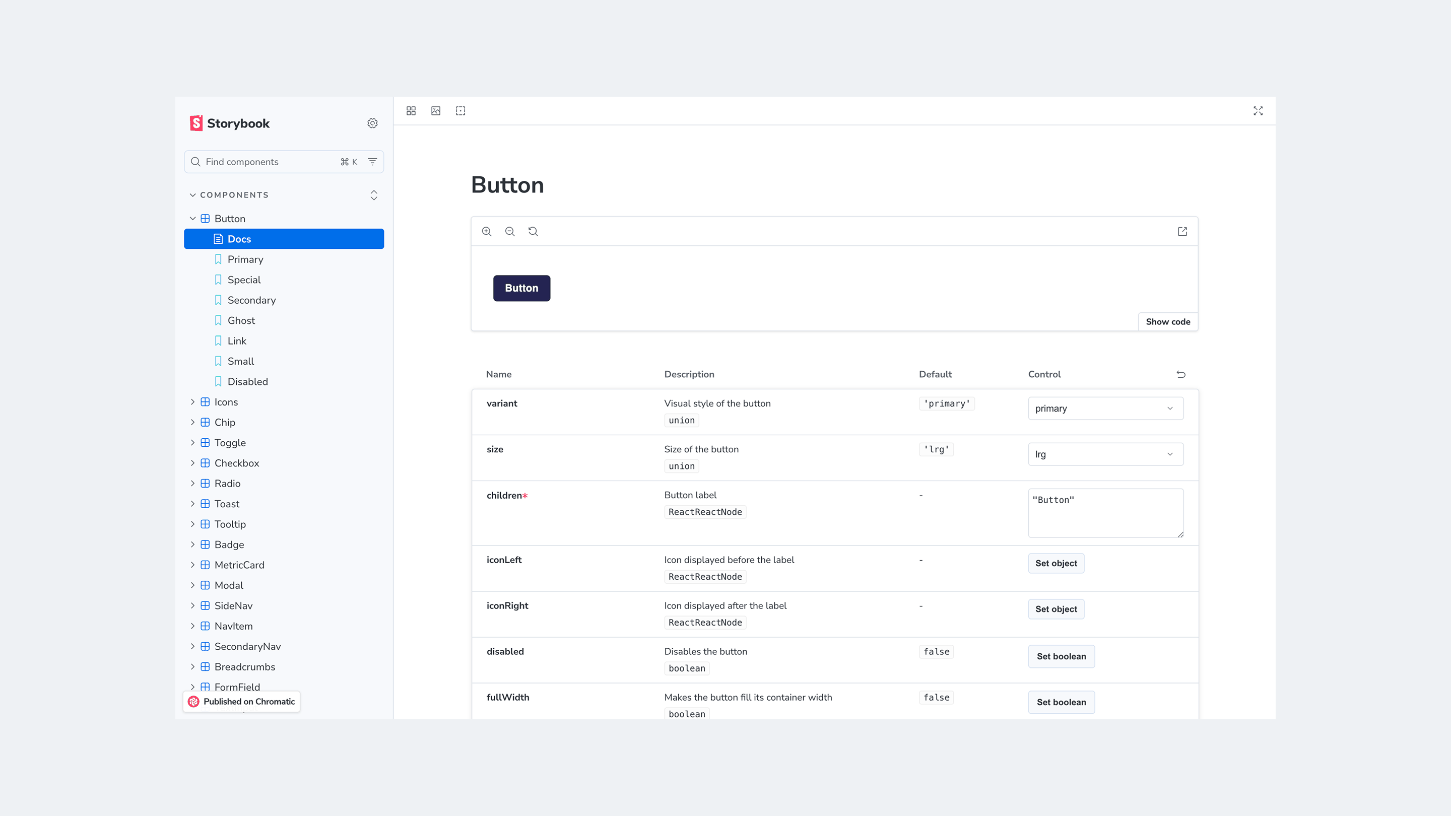 Storybook component library screenshots